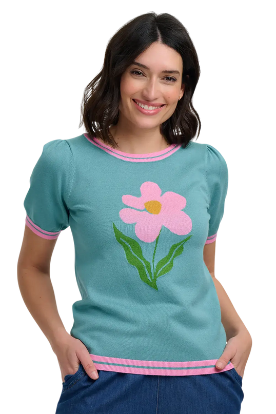 SUGAR HILL BRIGHTON Blusa de Tricô DOMINIQUE, VERDE-ÁGUA, FLOR ARTÍSTICA