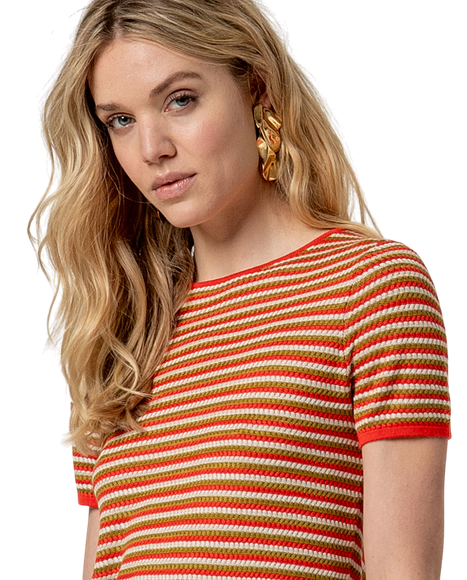 STRIPED SHORT SLEEVED SWEATER RED