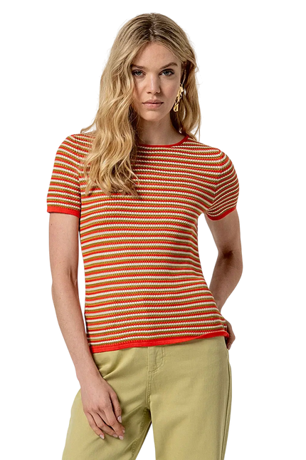 RED STRIPED SHORT-SLEEVED SWEATER