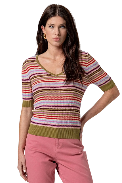SURKANA PINK STRIPED V-NECK SWEATER