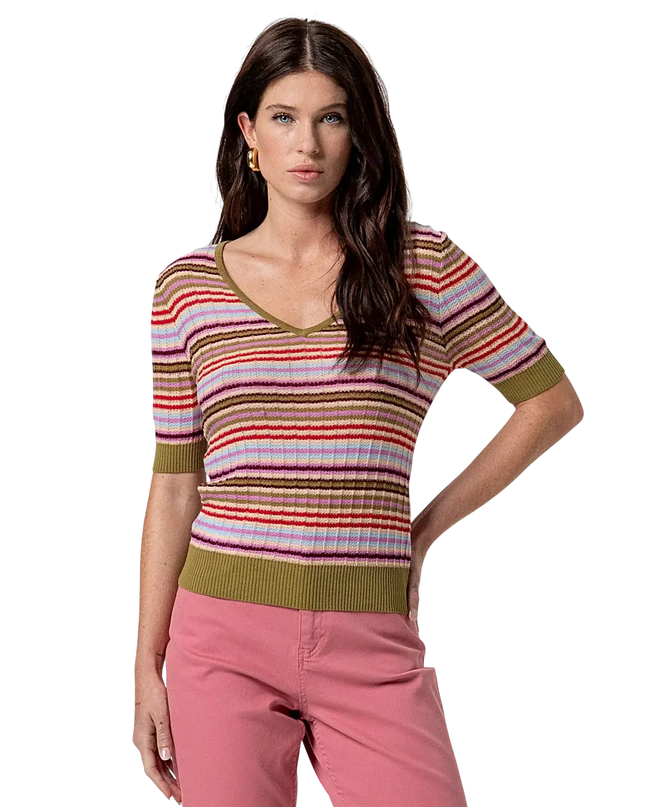SURKANA STRIPED V-NECK SWEATER PINK