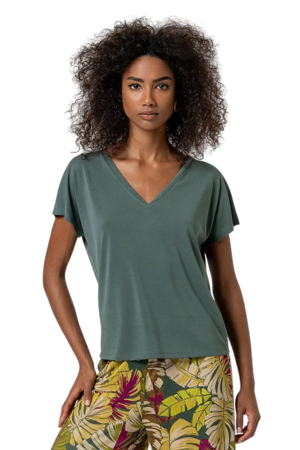 BOTTLE GREEN SLEEVELESS V-NECK T-SHIRT