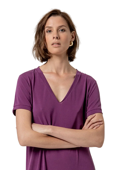 PURPLE LONG DRESS WITH SLITS AND V-NECK