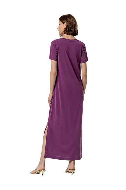 PURPLE LONG DRESS WITH SLITS AND V-NECK