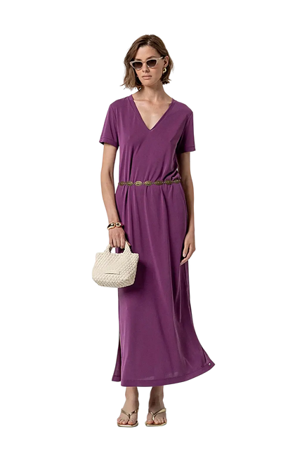 PURPLE LONG DRESS WITH SLITS AND V-NECK