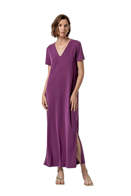PURPLE LONG DRESS WITH SLITS AND V-NECK