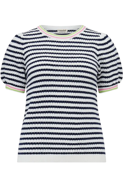 SUGAR HILL BRIGHTON MAGGIE TOP CORALINE KNOT TOP OFF WHITE/NAVY. NAUTICAL STRIPE