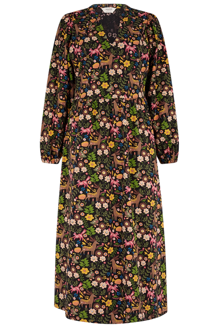 SUGARHILL BRIGHTON NYLA JERSEY MIDI DRESS, BLACK FOREST FOLKLORE