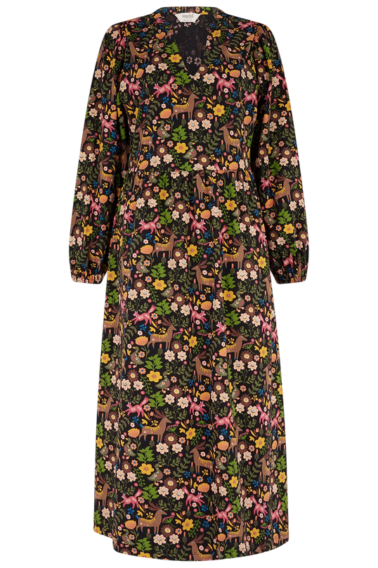 SUGARHILL BRIGHTON NYLA JERSEY MIDI DRESS, BLACK FOREST FOLKLORE