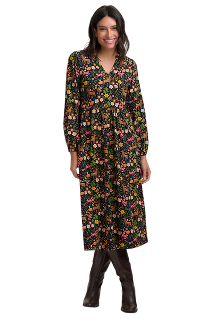 SUGARHILL BRIGHTON NYLA JERSEY MIDI DRESS, BLACK FOREST FOLKLORE