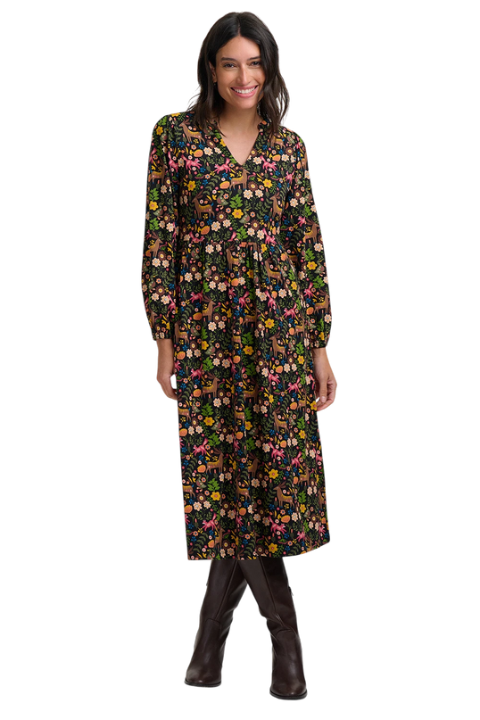 SUGARHILL BRIGHTON NYLA JERSEY MIDI DRESS, BLACK FOREST FOLKLORE