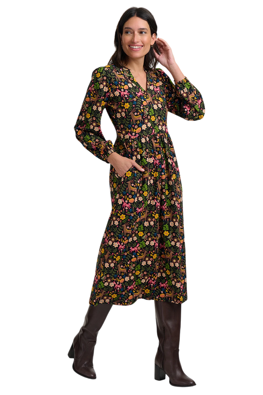SUGARHILL BRIGHTON NYLA JERSEY MIDI DRESS, BLACK FOREST FOLKLORE
