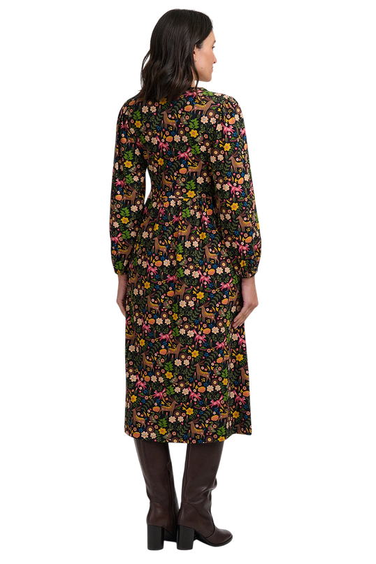 SUGARHILL BRIGHTON NYLA JERSEY MIDI DRESS, BLACK FOREST FOLKLORE