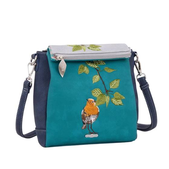 HI-DI-HI SCHOUDERTAS TWEET MET GEBORDUURD ROODBORSTJE, TURQUOISE