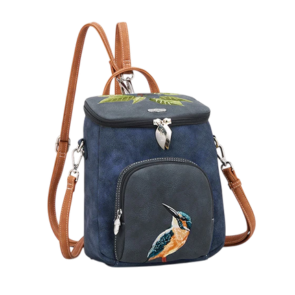 HI-DI-HI RUG/ SCHOUDERTAS WOODS MET IJSVOGEL, BLAUW/ GRIJS