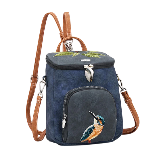 HI-DI-HI RUG/ SCHOUDERTAS WOODS MET IJSVOGEL, BLAUW/ GRIJS