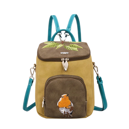 HI-DI-HI RUG/ SCHOUDERTAS WOODS MET IJSVOGEL, COGNAC/ OKERGEEL