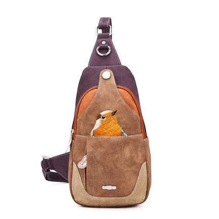 HI-DI-HI RUGZAK/ SLINGBAG CAROL MET ROODBORSTJE, PAARS EN COGNAC
