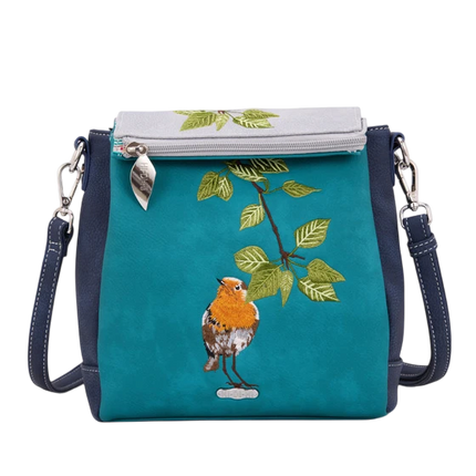 HI-DI-HI SCHOUDERTAS TWEET MET GEBORDUURD ROODBORSTJE, TURQUOISE