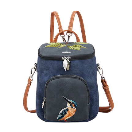 HI-DI-HI RUG/ SCHOUDERTAS WOODS MET IJSVOGEL, BLAUW/ GRIJS