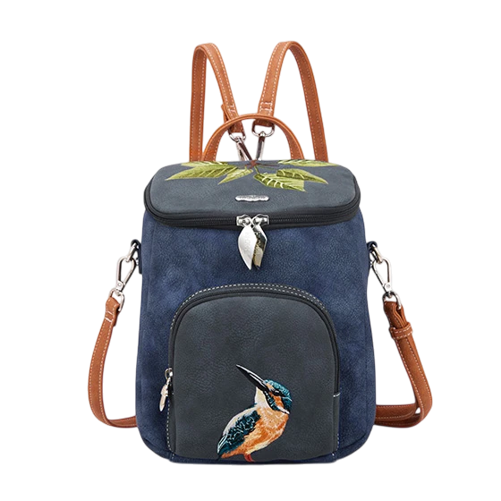 HI-DI-HI RUG/ SCHOUDERTAS WOODS MET IJSVOGEL, BLAUW/ GRIJS