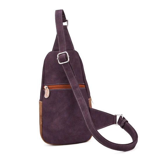 HI-DI-HI RUGZAK/ SLINGBAG CAROL MET ROODBORSTJE, PAARS EN COGNAC