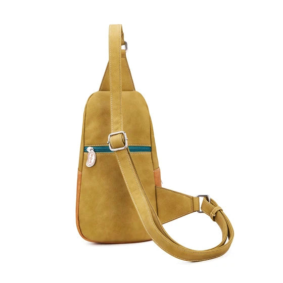 HI-DI-HI RUGZAK/ SLINGBAG CAROL MET ROODBORSTJE, OKERGEEL EN COGNAC