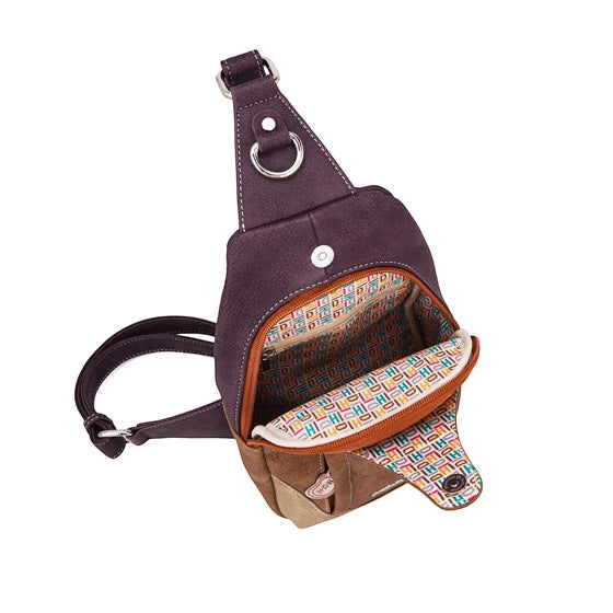 HI-DI-HI RUGZAK/ SLINGBAG CAROL MET ROODBORSTJE, PAARS EN COGNAC