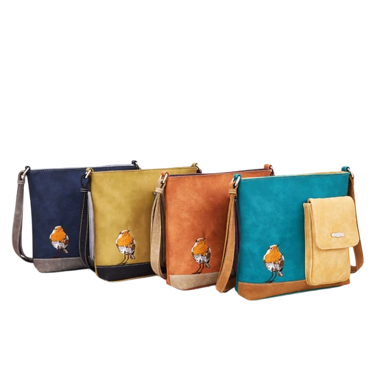HI-DI-HI SCHOUDERTAS MET VOGEL EN VERBORGEN KATJE, CREME, COGNAC EN PAARS