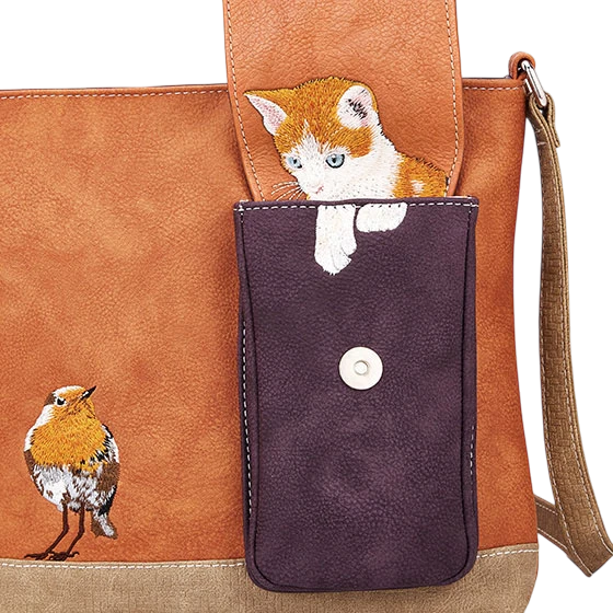 HI-DI-HI SCHOUDERTAS MET VOGEL EN VERBORGEN KATJE, CREME, COGNAC EN PAARS