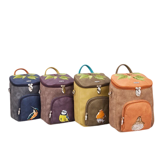 HI-DI-HI RUG/ SCHOUDERTAS WOODS MET IJSVOGEL, COGNAC/ OKERGEEL