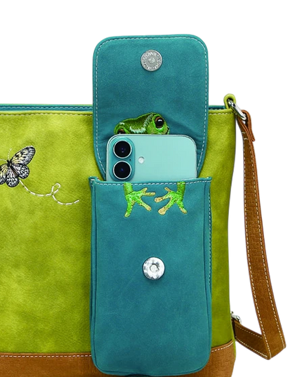 HI-DI-HI TAS "QUAK", GROEN/ COGNAC/ TURQUOISE