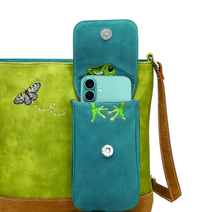 HI-DI-HI TAS "QUAK", GROEN/ COGNAC/ TURQUOISE