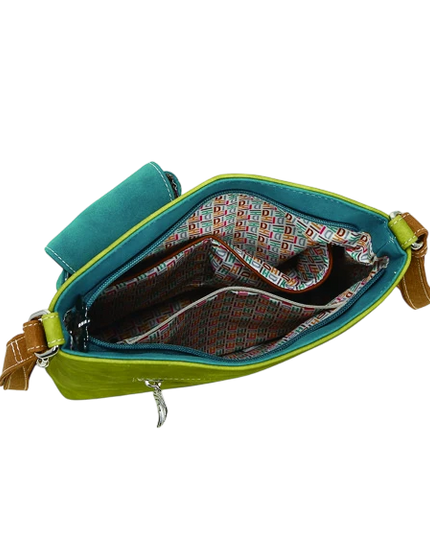 HI-DI-HI TAS "QUAK", GROEN/ COGNAC/ TURQUOISE