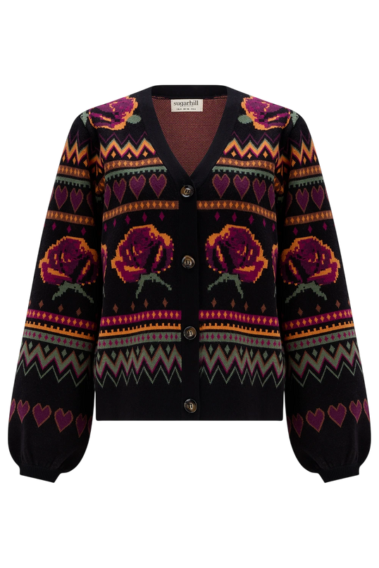 SUGARHILL BRIGHTON ADRIAN CARDIGAN, BLACK WILD ROSES