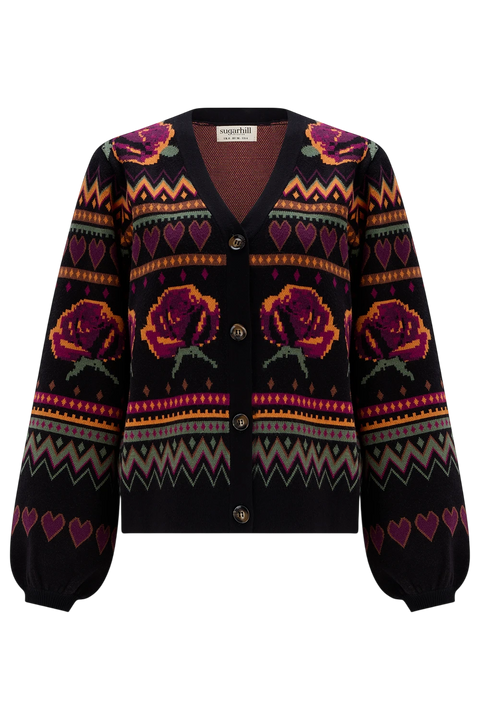 SUGARHILL BRIGHTON ADRIAN CARDIGAN, BLACK WILD ROSES