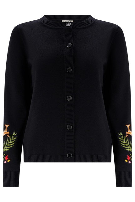SUGARHILL BRIGHTON KAMILA CARDIGAN, BLACK WOODLAND EMBROIDERY