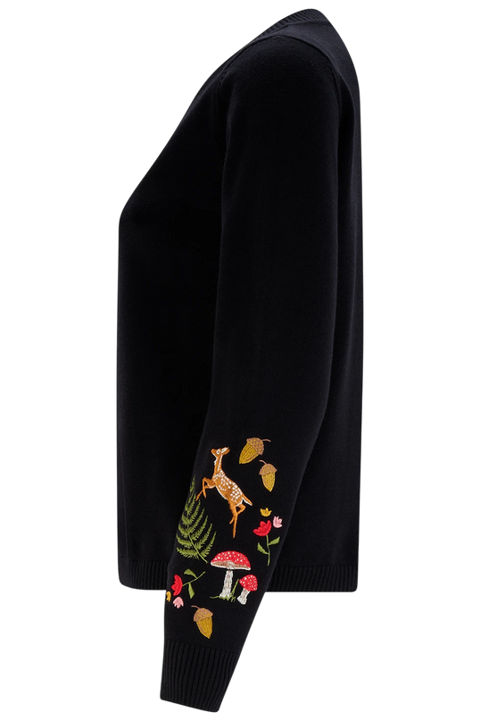 SUGARHILL BRIGHTON KAMILA CARDIGAN, BLACK WOODLAND EMBROIDERY