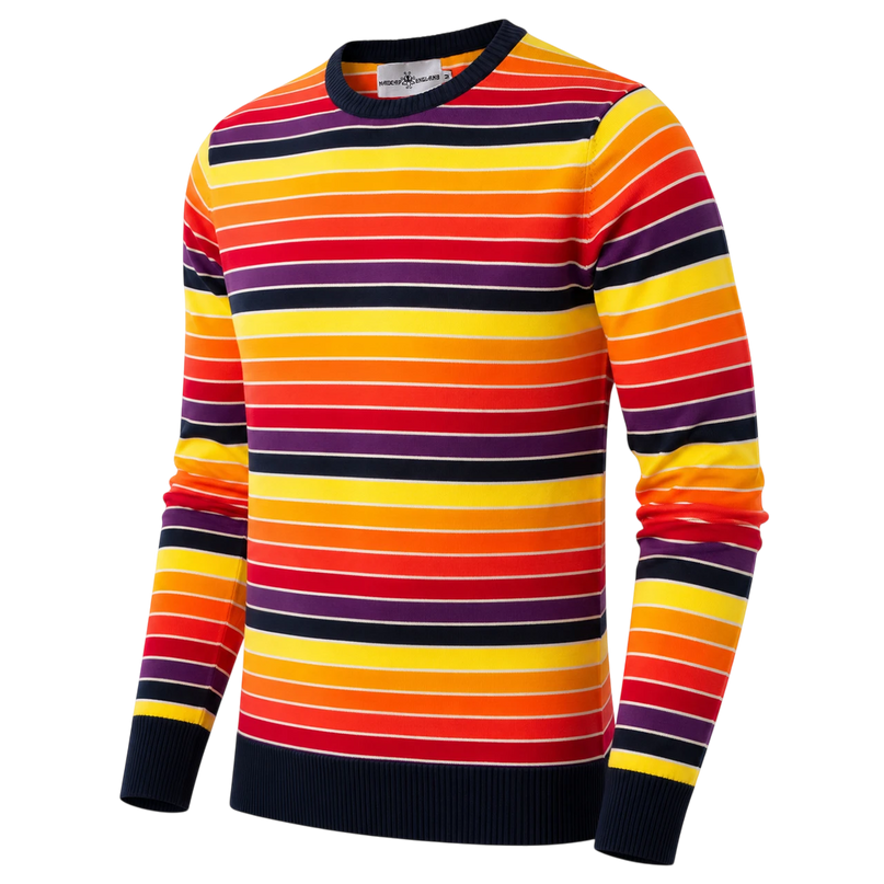 MADCAP ENGLAND SUNDOWN RETRO 90S STRIPED JUMPER , NAVY/AMARANTH PURPLE