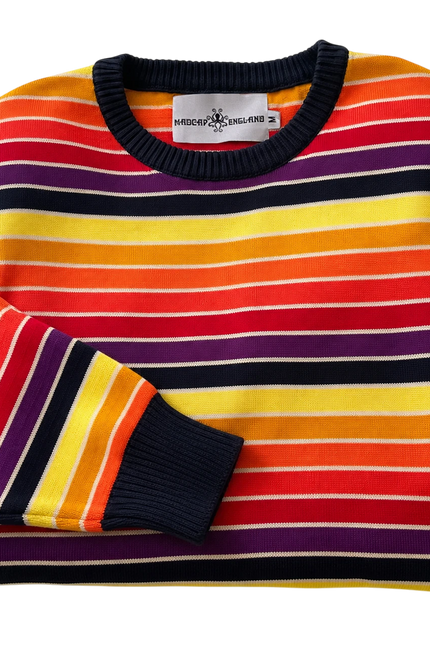MADCAP ENGLAND SUNDOWN RETRO 90S STRIPED JUMPER , NAVY/AMARANTH PURPLE