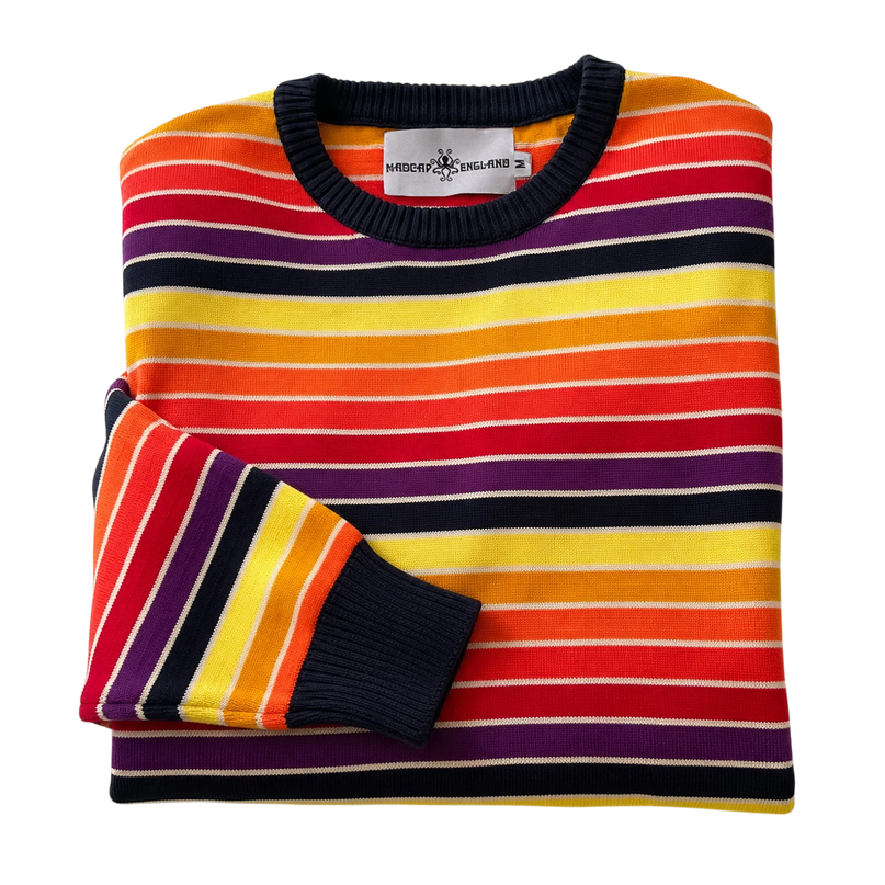 MADCAP ENGLAND SUNDOWN RETRO 90S STRIPED JUMPER , NAVY/AMARANTH PURPLE