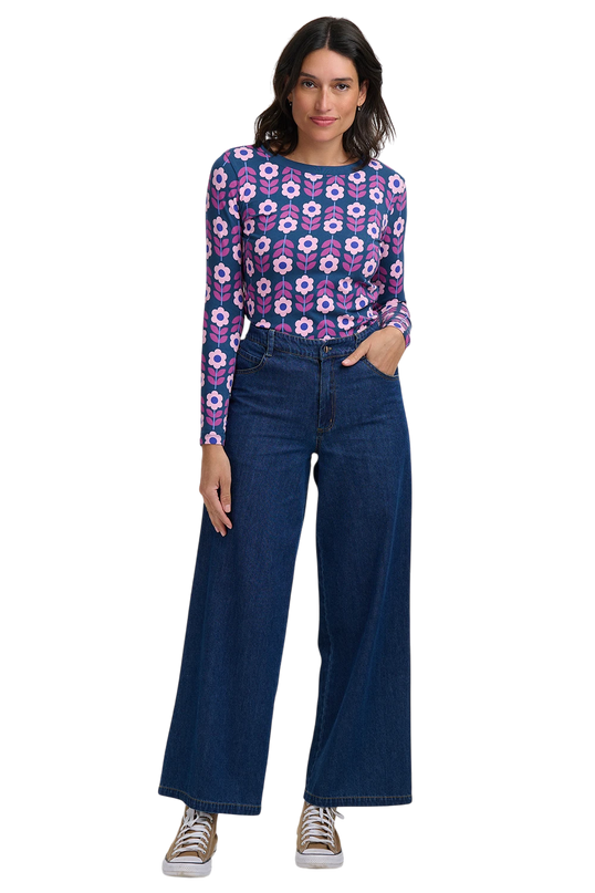 SUGARHILL BRIGHTON JOSIE JERSEY TOP, TEAL ROUNDABOUT RETRO FLORAL