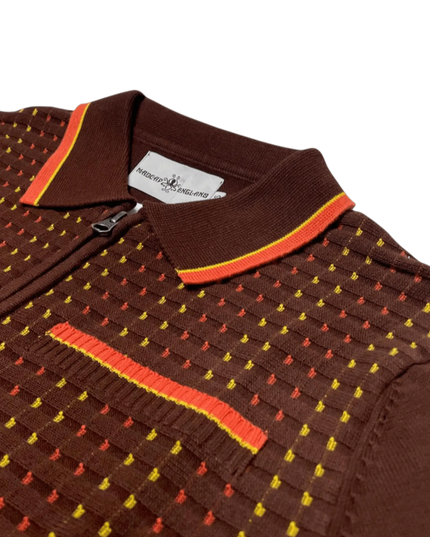 Coltrane Mod Textured Dash Jacquard Knit Polo in Brown