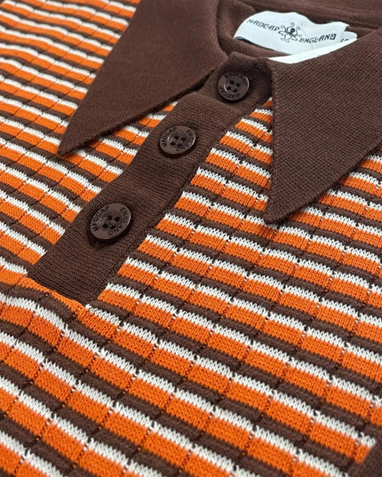MADCAP Harlem Big Collar Rib Stripe Mod Knit Polo Top, Potting Soil
