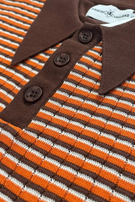 MADCAP Harlem Big Collar Rib Stripe Mod Knit Polo Top, Potting Soil