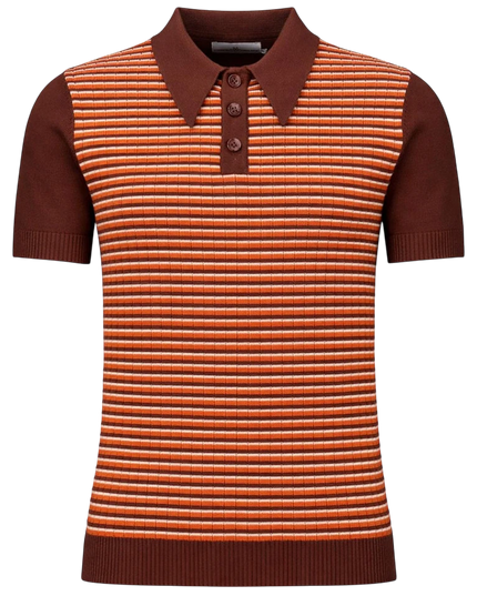 MADCAP Harlem Big Collar Rib Stripe Mod Knit Polo Top, Potting Soil