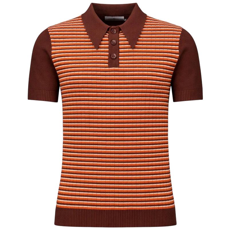MADCAP Harlem Big Collar Rib Stripe Mod Knit Polo Top, Potting Soil
