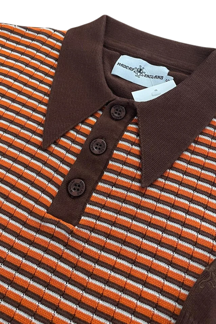 MADCAP Harlem Big Collar Rib Stripe Mod Knit Polo Top, Potting Soil