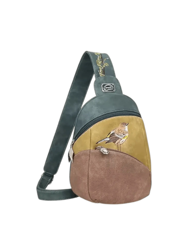 mochila, bolsa sling "Tjirp", azul escuro/amarelo/marrom