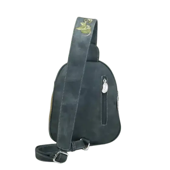 mochila, bolsa sling "Tjirp", azul escuro/amarelo/marrom